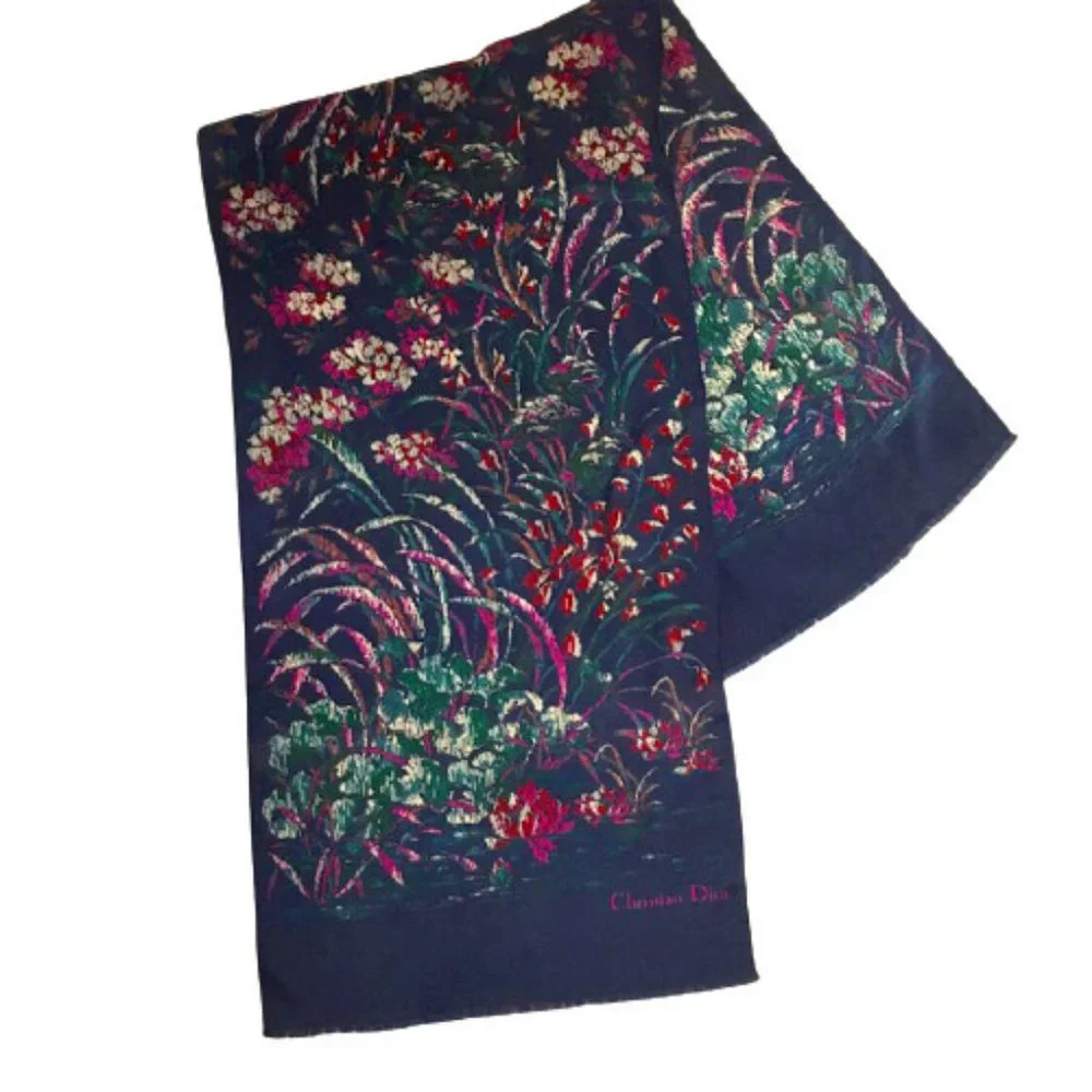 Christian Dior Silk Scarf Vintage Floral Royal Blue